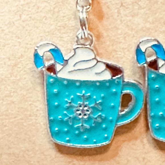 Stainless Steel Earring Hooks Dangle Teal Cocoa Cream Mug Silver Design Handmade - Picture 2 of 7